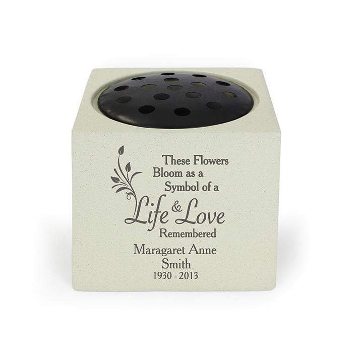 Personalised Graveside and Memorial Flower Holder. 'These Flowers Bloom as a Symbol of a Life & Love Remembered'. Leave motif.