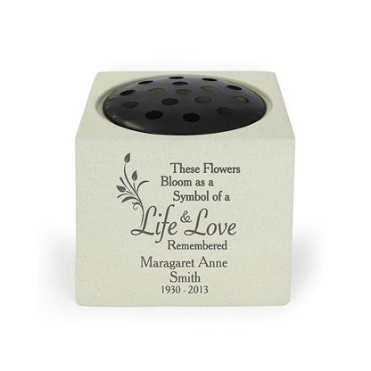 Personalised Graveside and Memorial Flower Holder. 'These Flowers Bloom as a Symbol of a Life & Love Remembered'. Leave motif.