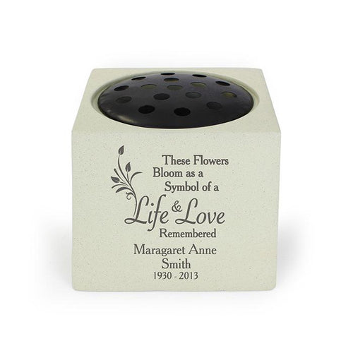 Personalised Graveside and Memorial Flower Holder. 'These Flowers Bloom as a Symbol of a Life & Love Remembered'. Leave motif.