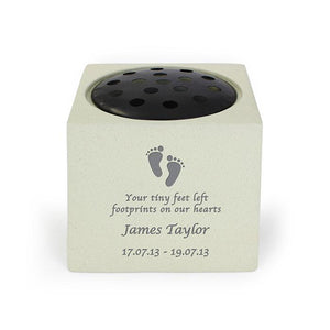 Personalised Graveside and Memorial Flower Holder. 'Your tiny feet left footprints on our hearts'. Child/Baby footprint motif. 
