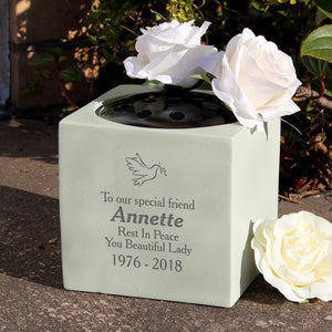 Personalised Graveside and Memorial Flower Holder. Cream coloured stone effect resin. 13.8cm/5.5inch square. Dove and Olive Branch motif.