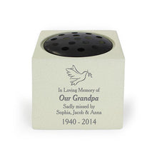 Load image into Gallery viewer, Personalised Graveside and Memorial Flower Holder. Cream coloured stone effect resin. 13.8cm/5.5inch square. Dove and Olive Branch motif. In Loving Memory of Our GrandPa Sadly Missed.
