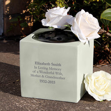 Load image into Gallery viewer, Personalised Graveside and Memorial Flower Holder. Cream coloured stone effect resin. 13.8cm/5.5inch square. With White Roses.