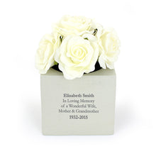 Load image into Gallery viewer, Personalised Graveside and Memorial Flower Holder. Cream coloured stone effect resin. 13.8cm/5.5inch square. Illustrated containing white roses.