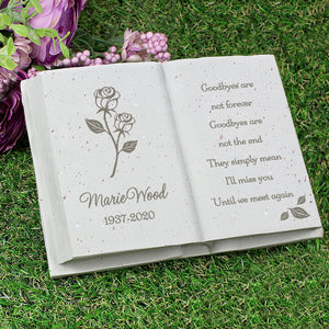 Personalised Outdoor Memorial Book Tribute. Rose Design. Your Own Message.