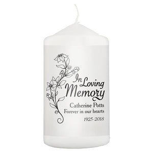Personalised Pillar Candle, White, 'In Loving Memory', Floral Motif