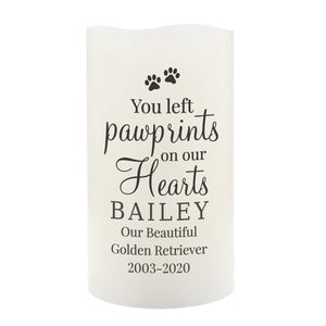 Personalised Memorial LED Candle, 'You left Pawprints on our Hearts' Sentiment