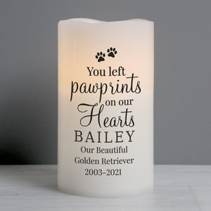 Personalised Memorial LED Candle, 'You left Pawprints on our Hearts' Sentiment