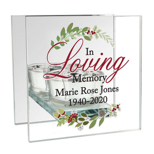 Personalised Memorial Tea light Holder. Christmas, Mirrored. 'In Loving Memory'.