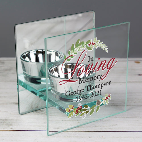 Personalised Memorial Tea light Holder. Christmas, Mirrored. 'In Loving Memory'.