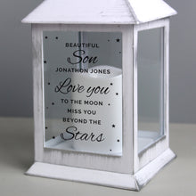 Load image into Gallery viewer, Personalised Memorial Lantern, White, &#39;Love you too the moon&#39; Message