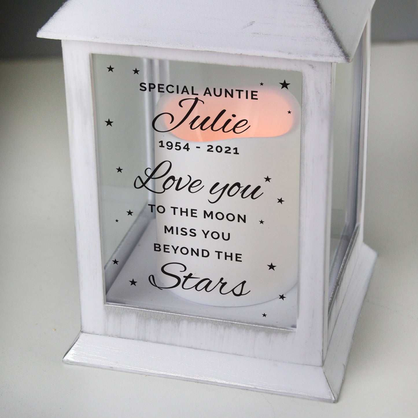 Personalised Memorial Lantern, White, 'Love you too the moon' Message