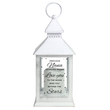 Load image into Gallery viewer, Personalised Memorial Lantern, White, &#39;Love you too the moon&#39; Message