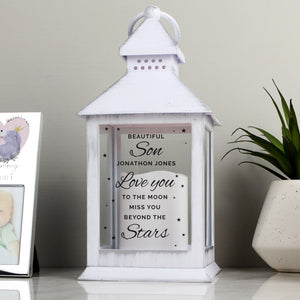 Personalised Memorial Lantern, White, 'Love you too the moon' Message