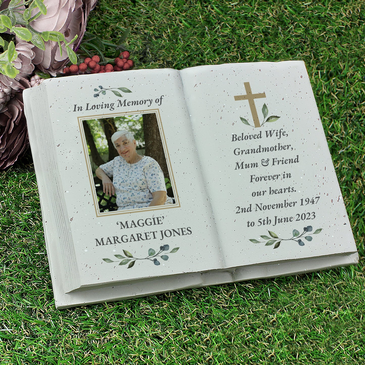Personalised Memorial Book Style with Cross Photo Upload Resin Book