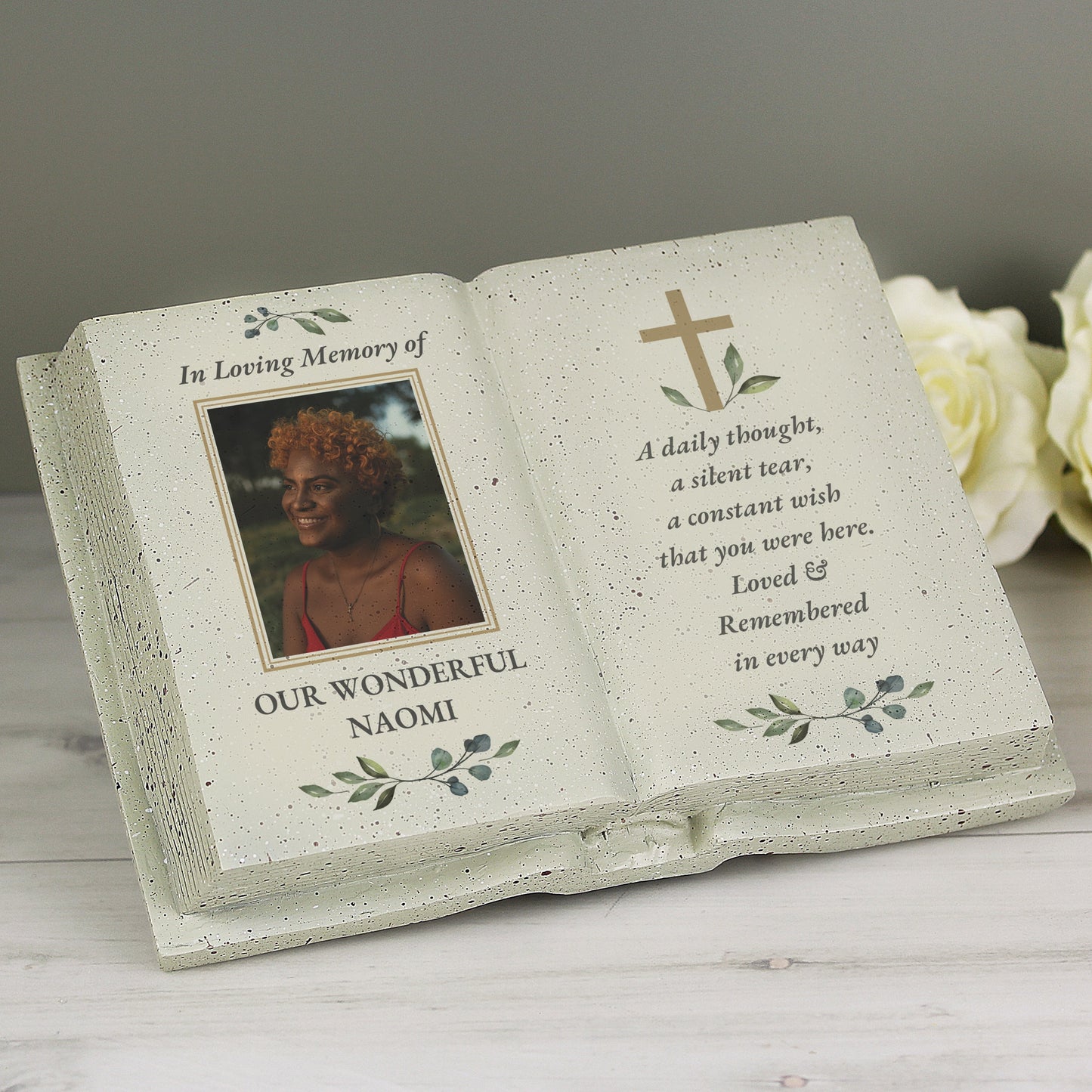 Personalised Memorial Book Style with Cross Photo Upload Resin Book
