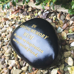 Outdoor Memorial Pebble. Black & Gold. 'In Loving Memory - Mum'