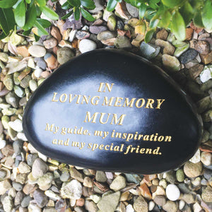 Outdoor Memorial Pebble. Black & Gold. 'In Loving Memory - Mum'