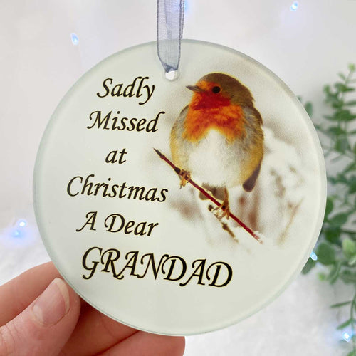 Robin 'Missed At Christmas' Glass Hanging Decoration - Grandad