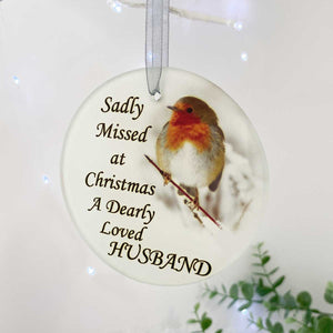 Robin 'Missed At Christmas' Glass Hanging Decoration - Husband