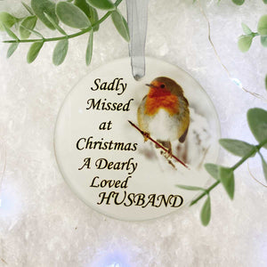 Robin 'Missed At Christmas' Glass Hanging Decoration - Husband