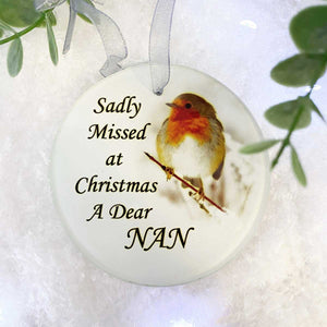 Robin 'Missed At Christmas' Glass Hanging Decoration - Nan