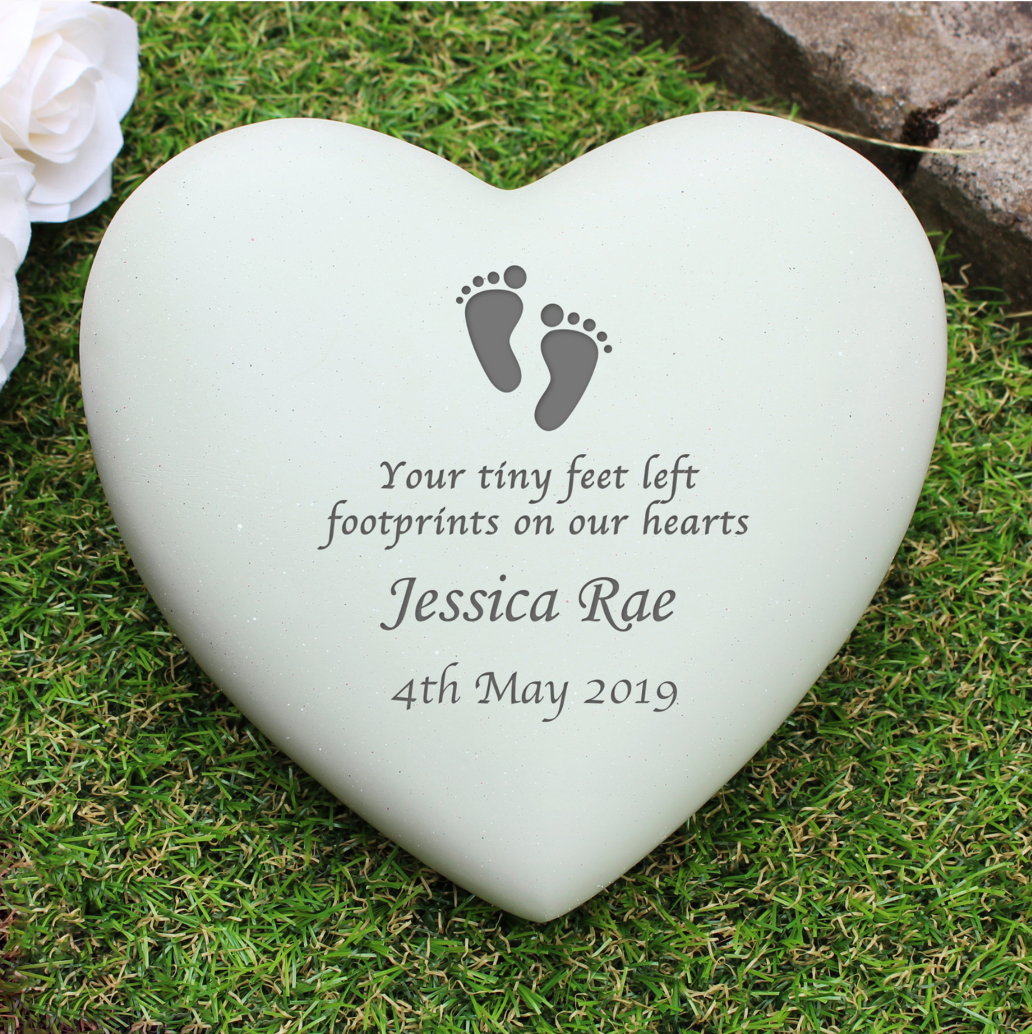 Personalised Outdoor Memorial Tribute. Heart, Infant Footprints Motif. 'Tiny Feet'.