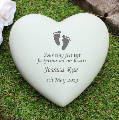 Personalised Outdoor Memorial Tribute. Heart, Infant Footprints Motif. 'Tiny Feet'.