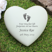 Load image into Gallery viewer, Personalised Outdoor Memorial Tribute. Heart, Infant Footprints Motif. &#39;Tiny Feet&#39;.