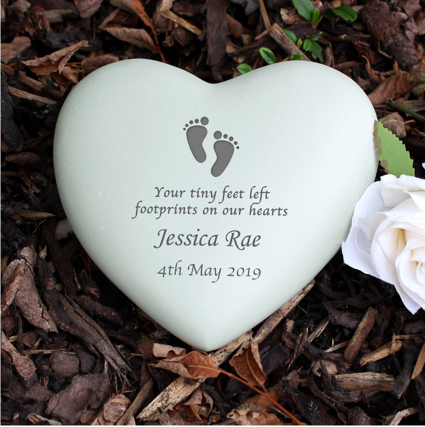Personalised Outdoor Memorial Tribute. Heart, Infant Footprints Motif. 'Tiny Feet'.
