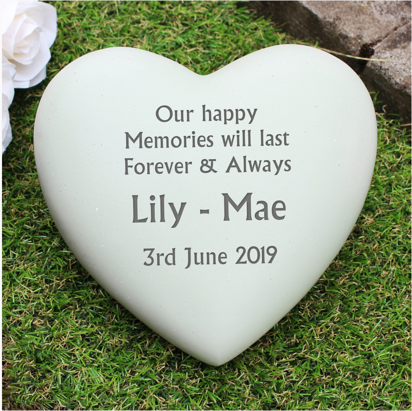 Personalised Outdoor Memorial Tribute. Heart. Your Message.
