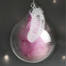 Load image into Gallery viewer, Personalised Pink Feather Name &amp; Date Glass Bauble