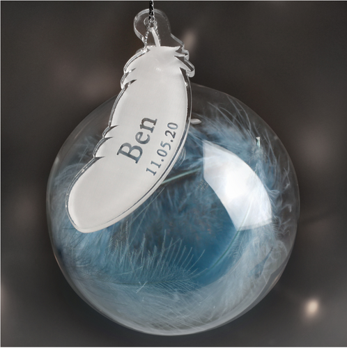 Personalised Blue Feather Name & Date Glass Bauble