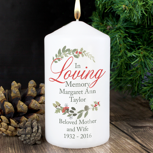 Personalised Pillar Candle, White, 'In Loving Memory', Wreath Motif