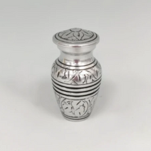 Load image into Gallery viewer, Token Cremation Urn, Silver Metal With Incised Botanical Pattern