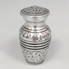 Token Cremation Urn, Silver Metal With Incised Botanical Pattern
