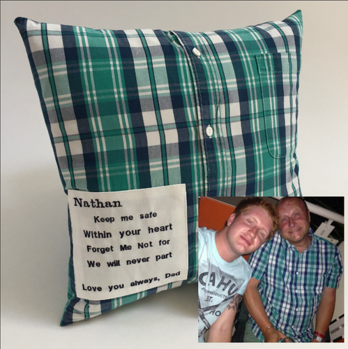 Shirt Memory Cushion with Embroidered Verse. Showing corresponding Father with son memory photo.