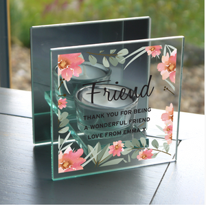 Personalised Memorial Tea light Holder. Pink Floral, Mirrored. Your Message.