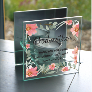 Personalised Memorial Tea light Holder. Pink Floral, Mirrored. Your Message.