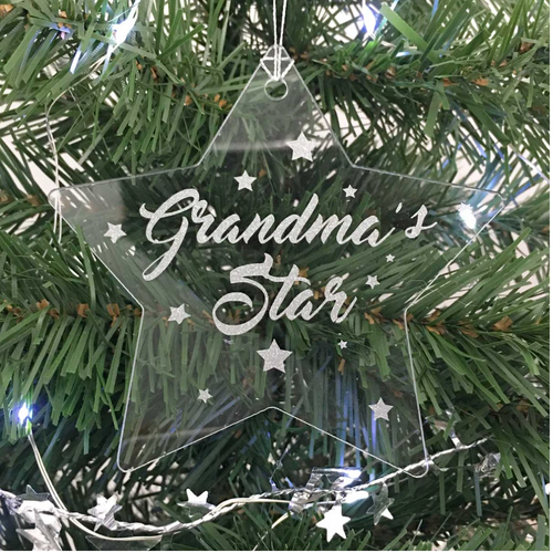 Personalised Memorial Christmas Star decoration. Clear acrylic. 'Grandma's Star' example.