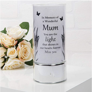 Memorial Indoor Cylinder Lantern. Butterfly Meadow. 'A Wonderful Mum'.