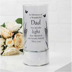 Memorial Indoor Cylinder Lantern. Butterfly Meadow. 'A Wonderful Dad'.