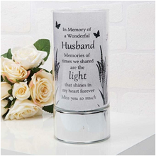 Load image into Gallery viewer, Memorial Indoor Cylinder Lantern. Butterfly Meadow. &#39;A Wonderful Husband&#39;.