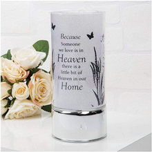 Load image into Gallery viewer, Memorial Indoor Cylinder Lantern. Butterfly Meadow. &#39;A Bit Of Heaven In Our Home&#39;.