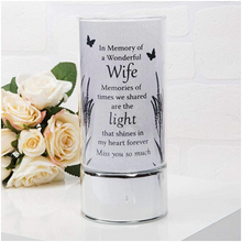 Load image into Gallery viewer, Memorial Indoor Cylinder Lantern. Butterfly Meadow. &#39;A Wonderful Wife&#39;.