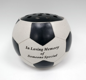 Graveside / Memorial Vase. Football Shaped. 'In Loving Memory of Someone Special'. Plain background.