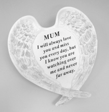 Load image into Gallery viewer, Outdoor Memorial Ornament. White Angel Wings Enfold &#39;Mum ... Never Far Away&#39;.