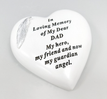 Load image into Gallery viewer, Outdoor Memorial Tribute. Feather embellished Heart. &#39;In Loving Memory - Dad&#39;.