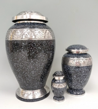 Load image into Gallery viewer, Adult Cremation Urn, Black With Silver Flecks, Silver Botanical Trim