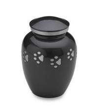 Load image into Gallery viewer, Dog Cremation Urn, Black with a Diamond Cut Silver Paw Print Pattern